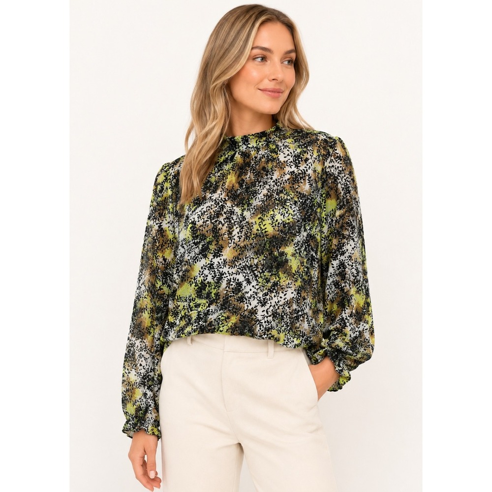 Masai MaBidun Blouse Womens S Green Sheen NEW A-Shape Leaf Print High Neck Top